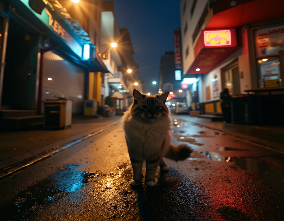 Cat walks through an illuminated cityscape, surrounded by vibrant lights and a serene vibe.
